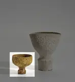 Rare footed bowl by Lucie Rie, circa 1972, Stoneware, heavily pitted and running 'Spinach' glaze, sold Nov 2021