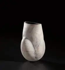 Ovoid vessel by Hans Coper, circa 1970, Stoneware, layered porcelain slips and engobes over a textured and incised body, the interior with a manganese glaze, sold Nov 2021