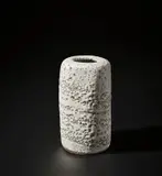 Squared flower vase by Lucie Rie, circa 1968, Stoneware mixed with minerals beneath a pure white glaze creating an integral spiral of pitted texture, sold Nov 2021