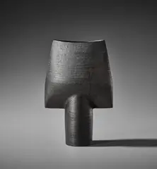 'Spade' form by Hans Coper, 1969, Stoneware, black glaze over a textured and incised body, sold Nov 2021