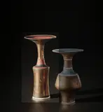 Lucie Rie, Rare vase with flaring lip, circa 1980, Porcelain, bright golden glaze, dry terracotta and matt black bands crossed with a zig-zag sgraffito design