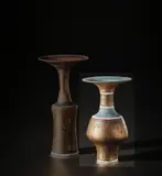 Lucie Rie, Vase with flaring lip, circa 1980, Porcelain, bright golden glaze, blue and white bands crossed with linear sgraffito and blue inlay design