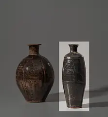 Bernard Leach, Lamp base with willow design, circa 1965, Stoneware, tenmoku glaze with iron speckle over a carved stylised willow design within horizontal bands