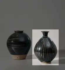 Fluted vase by Bernard Leach, circa 1960, Stoneware, layered tenmoku and iron glazes over a fluted body, sold Nov 2021
