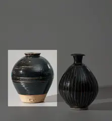 Vase by Bernard Leach, circa 1961, Stoneware, layered tenmoku and iron glazes over combed and carved designs, sold Nov 2021