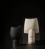 Hans Coper, 'Spade' form, circa 1972, Stoneware, layered porcelain slips and engobes over a textured and incised body, the interior with a manganese glaze