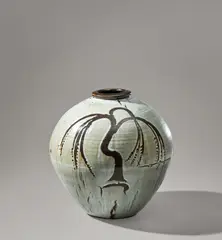 David Leach, Large gobular vase, circa 1980, Stoneware, tenmoku and dolomite glazes with a wax resist stylised willow tree design