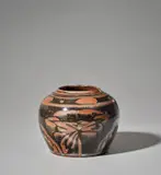 Kenkichi Tomimoto, Jar, 1932, Stoneware, layered tenmoku over iron glazes with a resist design of crysanthemums