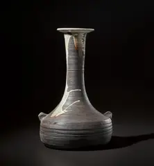 Janet Leach, Large bottle vase with lugs, circa 1980, Black stoneware, poured white glaze