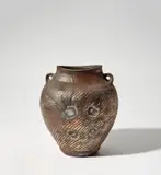 Shimaoka Tatsuzo, Lugged vase, circa 1980, Stoneware, cord impressed diagonal texture inlaid with porcelain, wood-fired with ash deposits, four impressed shell marks to one face