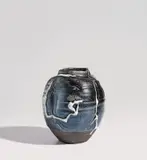 Uichi Shimizu, Vase, circa 1995, Stoneware, lustrous black glaze with white trailed glaze designs over a carved and distorted body