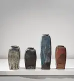 Gutte Eriksen, Four jars, circa 1980, Earthenware, layered flowing glazes