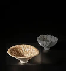 Large flared bowl by Mary Rogers, circa 1977, Porcelain, inlaid stippled design beneath a white glaze, sold Nov 2021