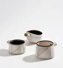 Three bowls by Nicholas Homoky, circa 1992, Porcelain, black glaze linear designs inlaid into the surface, sold Nov 2021