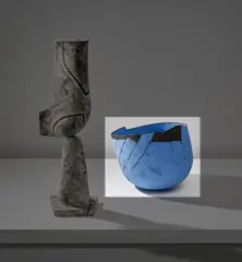 Gordon Baldwin, Monumental Bowl, 1991, Earthenware, blue and black painted slips over incised and impressed markings to the surface