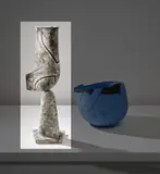 Gordon Baldwin, Stacked vessel, 1984, Earthenware, painted slips and glazes over incised and impressed markings to the surface inlaid with black, pewter enamel to the top