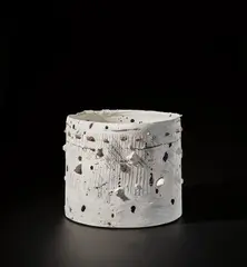 Bodil Manz, 'Sandcast Jar in Porcelain', 2001, Grogged porcelain, painted slips and incised markings with applied stoneware elements
