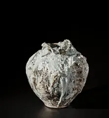 Akiko Hirai, Moon Jar, circa 2016, Grogged stoneware, rugged and cracked porcelain deposits over layered slips beneath running ash glazes