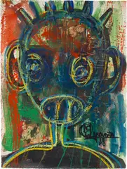 Aboudia, Portaits des Nouchis, 2018, acrylic, paper collage and oil pastel on paper