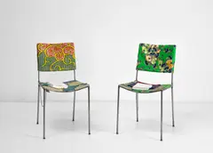 Franz West, Pair of 'Der Ficker' chairs, 2005, metal, linen and printed cotton fabric with accompanying 'Der Ficker' book on metal chain