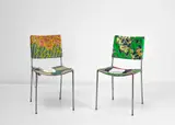 Franz West, Pair of 'Der Ficker' chairs, 2005, metal, linen and printed cotton fabric with accompanying 'Der Ficker' book on metal chain