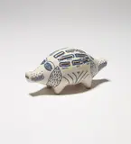 Grayson Perry, Piggy Bank, 2017, White ceramic piggy bank painted in blue and glazed, with rubber stopper, contained in the original cardboard box