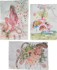 Rina Banerjee, Three Works: (i) In our Winter and from the East there was no beast more useful than the “Indian” unburdened by passports; (ii) Bubble, bubble, baby girls are in trouble; (iii) Naturally Fearful, and Extremely Patient Under Fatigue She Delivered a Laboured Beauty in her Handicraft, 2009, each acrylic, ink and glitter on handmade paper