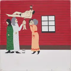 Clare Rojas, Untitled (Three women and drinking man), 2006, gouache and latex on panel