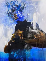 Khari Turner, Moonlit King, 2021, acrylic, oil, charcoal, sand, ocean water, Milwaukee river water, Lake Michigan water, water from southern Manhattan harbor on canvas