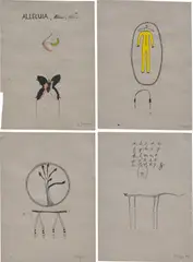 Barthélémy Toguo, Four Works: (i) Das Bett (19); (ii) Das Bett (26); (iii) Das Bett (28); (iv) Das Bett (44), 1995, ink, watercolour and coloured pencil on recycled paper