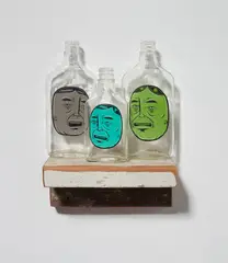 Untitled by Barry McGee, acrylic on glass bottle, in 3 parts and wooden shelf, sold Apr 2021