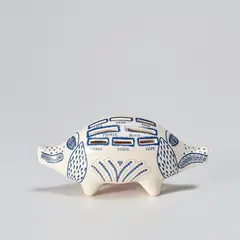 Piggy Bank by Grayson Perry, 2017, White ceramic piggy bank painted in blue and glazed, with rubber stopper, contained in the original cardboard box, offered Jul 2021