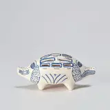 Grayson Perry, Piggy Bank, 2017, White ceramic piggy bank painted in blue and glazed, with rubber stopper, contained in the original cardboard box