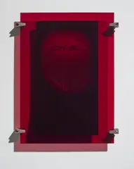 Kerstin Brätsch, Untitled, 2010, spray paint on New York Times advertisement, in artist's Plexiglas frame with metal industrial clamps