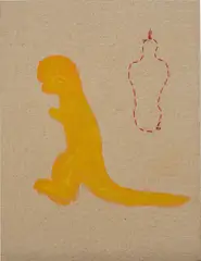 Untitled (Mannequin and Dinosaur) by Ghada Amer, 1992, acrylic and embroidery on canvas, offered Jul 2021