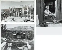 Various Photographers, Three Works: (i) Max Ernst und Dorothea Tanning beim Bau des Holzhauses, Sedona, Arizona, 1946; (ii) Max Ernst vor der Tür Holzhauses, Sedona, Arizona, 1947; (iii) Das fertiggestellte Holzhaus, Sedona, Arizona, 1947, Sedona, Arizona, 1946, black and white photographs