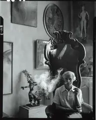 Max Ernst at the Guggenheim Triplex, New York, 18 January 1942 by Arnold Newman, 1942, gelatin silver contact print, sold Dec 2021