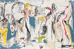 Neanderthal Jeans by Eddie Martinez, 2014, oil, enamel, spray paint and paper collage on canvas, sold Feb 2020