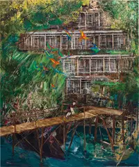 Hernan Bas, Cannibalistic, noisy and abusive, but picturesque and popular withal, 2011, oil, paper collage and enamel on canvas