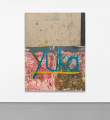 Yuka by Oscar Murillo, 2012, oil stick, plastic sheeting, tape, gravel and staples on stitched canvas and linen, sold Feb 2020