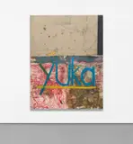 Oscar Murillo, Yuka, 2012, oil stick, plastic sheeting, tape, gravel and staples on stitched canvas and linen