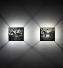 Mat Collishaw, Two works: (i) Antonius, a horse belonging to his grace the Duke of Grafton; (ii) The Marquess of Rockingham's scrub with John Singleton Up, 1990, each glass, photocopy, light, light fitting and steel