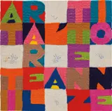 Alighiero Boetti, Attirare l' Attenzione, 1987, embroidery and ink on fabric mounted on panel