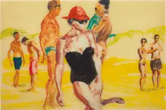 Eric Fischl, Untitled, 2013, hand-painted background overlaid with collage of digital pigment printed figures on acetate floated in poured resin