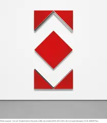 Daniel Buren, Cut-out: Situated work in five parts, traffic red, 2009, MDF, Alupanel, vinyl and white paint, in 5 parts