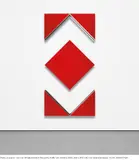 Daniel Buren, Cut-out: Situated work in five parts, traffic red, 2009, MDF, Alupanel, vinyl and white paint, in 5 parts