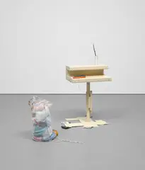 Helen Marten, A face the same colour as your desk, 2012, match, cigarette box, paper, tree leaves, welded radial bent powder, steel, stitched fabric, grinded rebar, plastic string, wood, cardboard, pen, stitched mesh, plastic bags and stress ball, in 2 parts