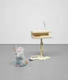 Helen Marten, A face the same colour as your desk, 2012, match, cigarette box, paper, tree leaves, welded radial bent powder, steel, stitched fabric, grinded rebar, plastic string, wood, cardboard, pen, stitched mesh, plastic bags and stress ball, in 2 parts