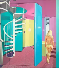 Neil Stokoe, Mirrored Optical Staircase and Woman, 1983, oil and graphite on canvas