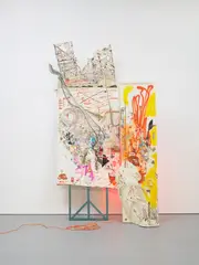 Elliott Hundley, Untitled, 2008, sound board, wood, aluminium, paper, bamboo, expanded polystyrene, spray paint, pins, plastic, string, fabric, feather, seashell and cinderblock